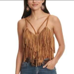 New Women's Camel Tiered Studded Fringe Bodysuit Small